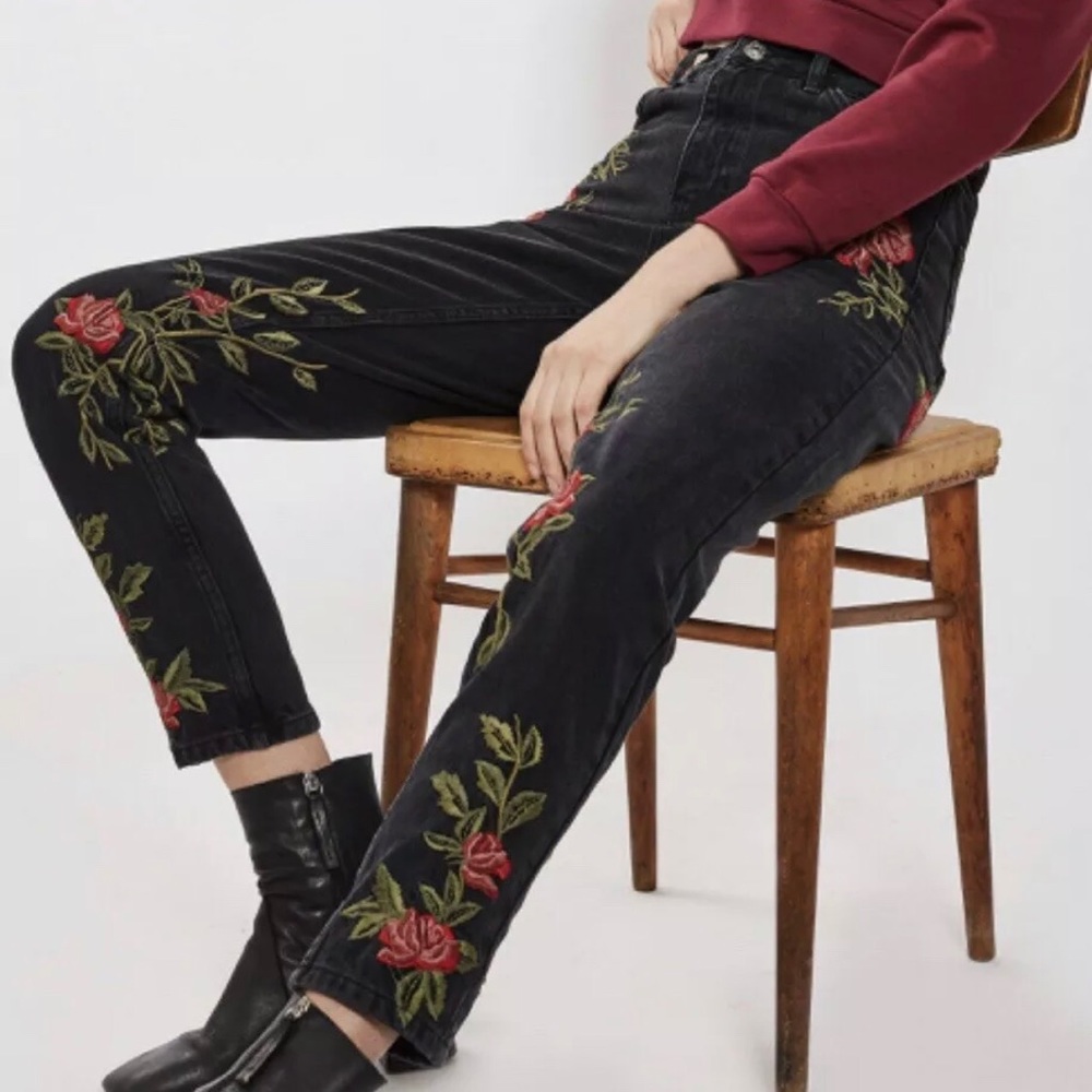 TopShop Moto Mom Black Rose Embroidered Jeans